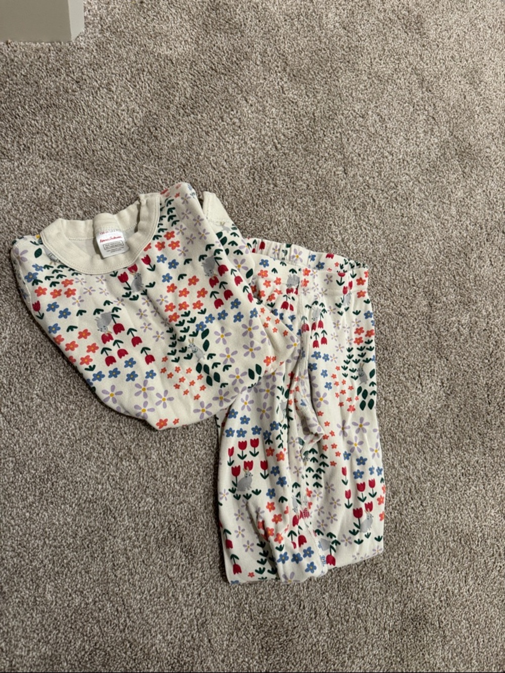 Hanna Andersson Cream Floral Kids Pajama Set with Red, Blue and Green Flowers